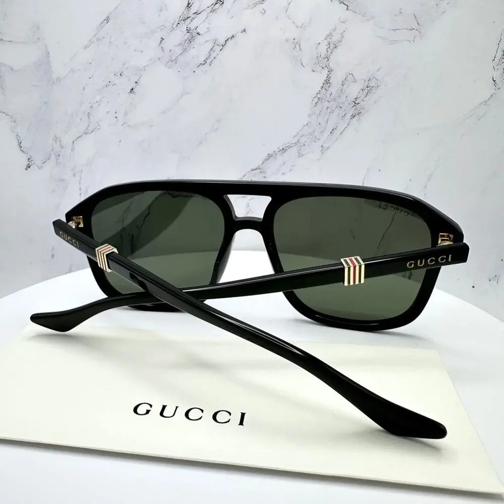 New GUCCI Sunglasses Black Aviator Pilot Gold Logo Metal Red Green Web Gucci